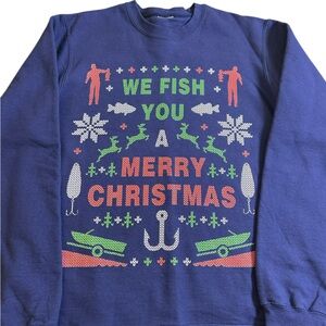 We Fish You a Merry Christmas Navy‎ Blue Graphic Sweatshirt Men’s Large